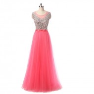 Long Prom Dress Lace-up Back Beadings Tulle A Line Evening Gowns