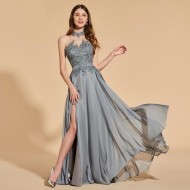 Grey Long Prom Dress Simple Backless Evening Party Gown