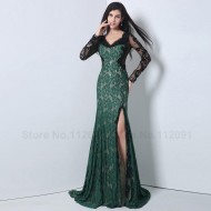 Dark Green Mermaid Prom Dress Long Sleeves Beading Black